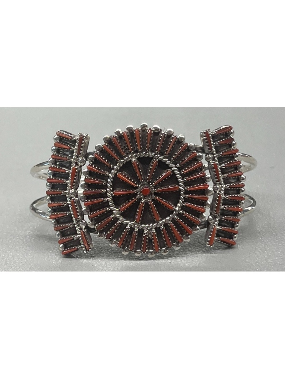 Zuni sterling silver coral petit point bracelet/cuff cluster traditional